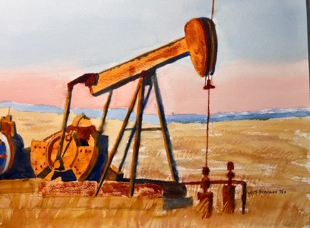 Kansas Oil Pumper - artwork by William Scruggs:  Landscape, Impressionism, Watercolor, 