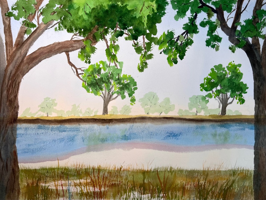 Arkansas River near Hutchinson - artwork by William Scruggs:  Landscape, Impressionism, Watercolor, 