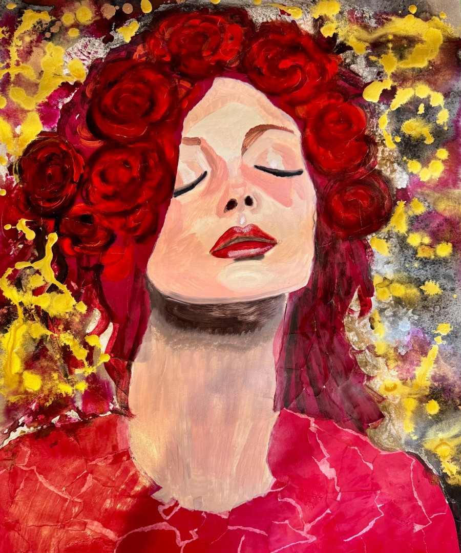 Lady in Red - artwork by Pam Ewell:  Portraits, Modern, Mixed Media, Paper