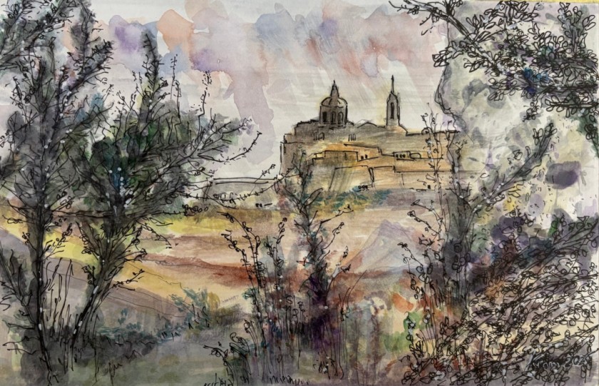 View from Mtarfa of Mdina - Malta - Watercolor and black pen