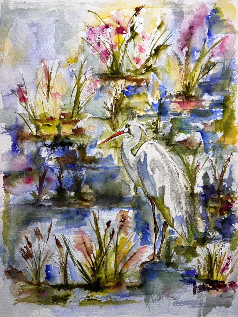 Silent Sentinel of Gulf Shores - Painting, Watercolor, Birds, Abstract, Watercolor Paper