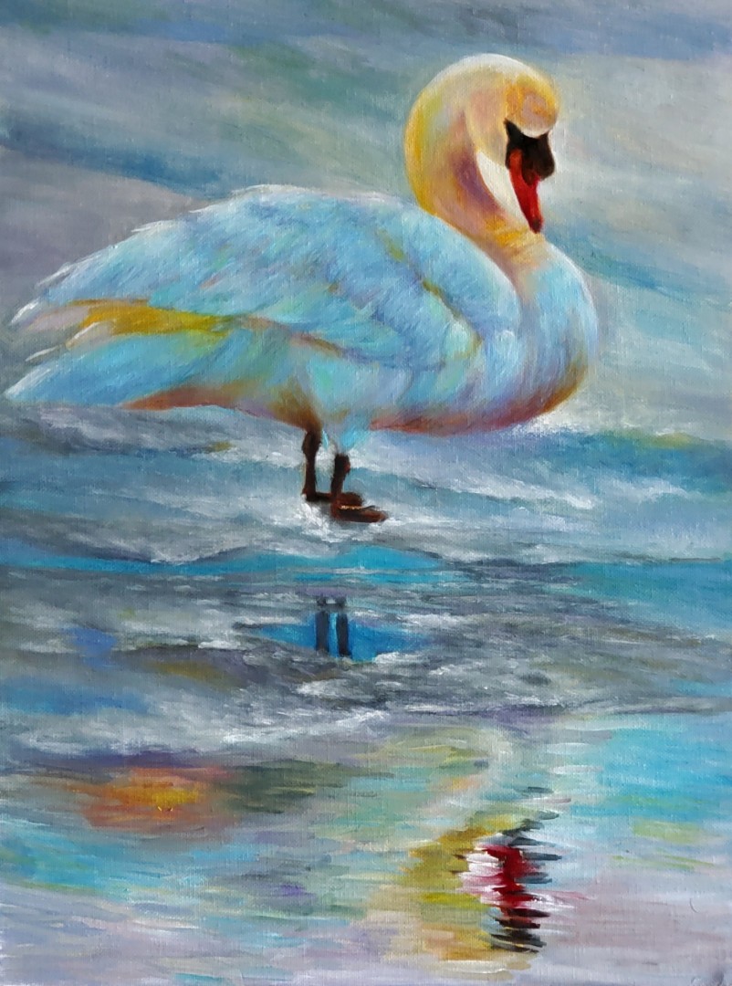 Ethereal Elegance - artwork by Gayathri Rajamani: #goldenneck, #goldenswan, #golden, #swan, #oilpainting, #collectors, #impressionism, #realism Birds, Impressionism, Oil, Canvas