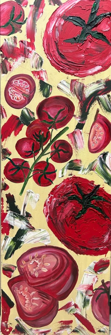 Hey Mambo! - artwork by Jodi Strothenke: tomato, summer, vegetable, red Food, Abstract, Mixed Media, Canvas