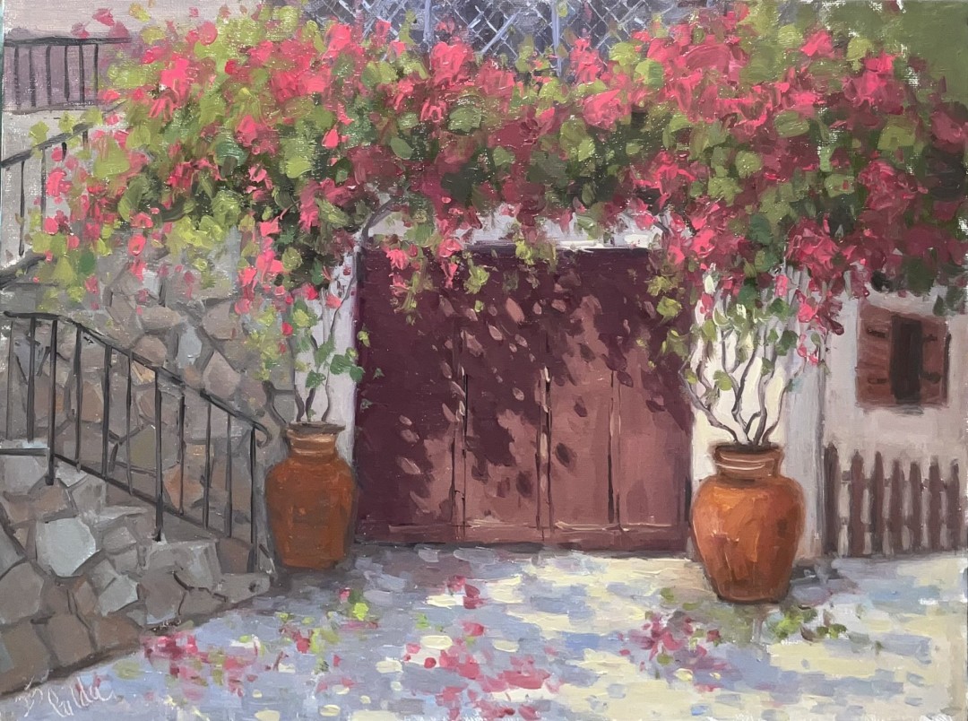 Dappled light of bougainvillea - Painting, Oil, Impressionism, MDF Panel