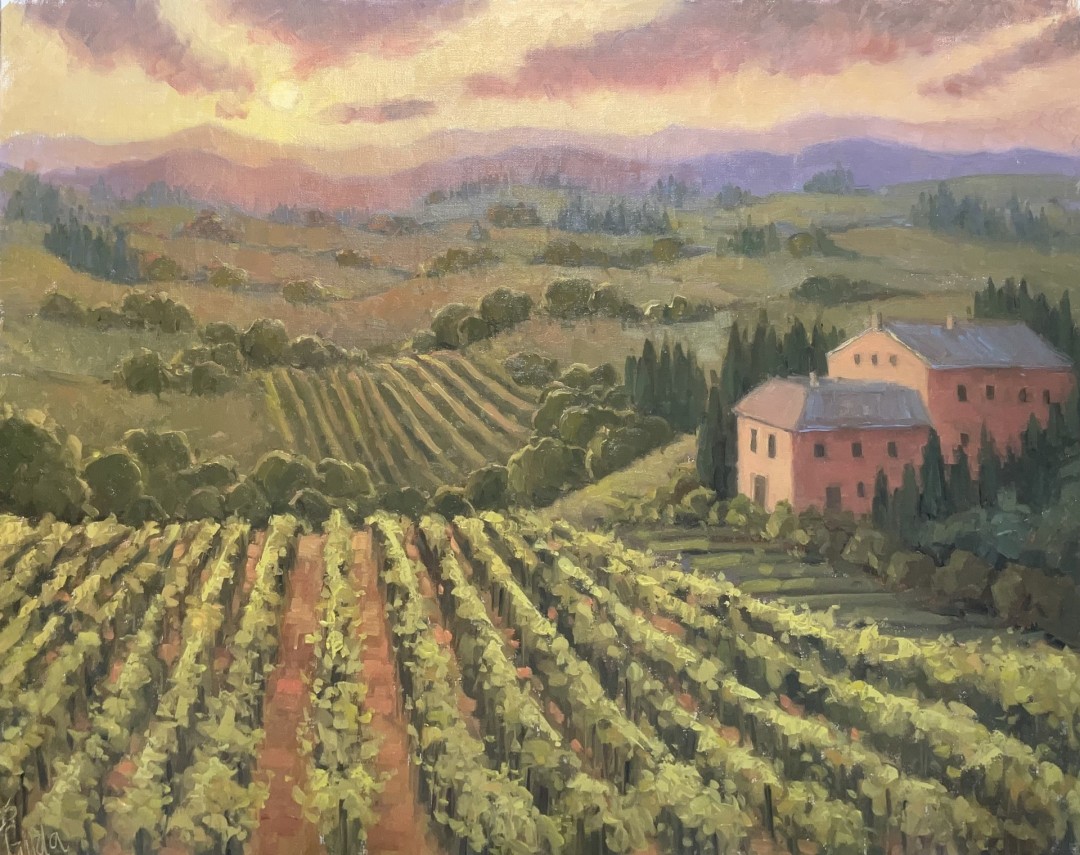 Sunset over Tuscan field - Painting, Oil, Landscape, Impressionism, MDF Panel