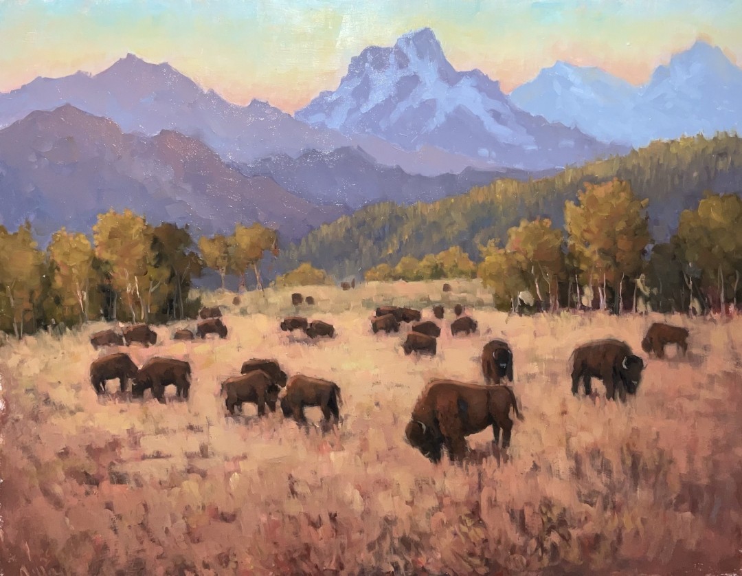 Golden Hour Bison at Teton - Painting, Oil, Landscape, Impressionism, MDF Panel