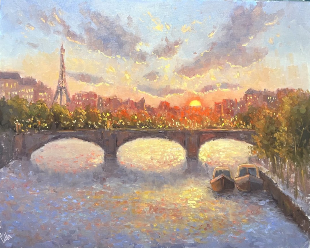 Sunset over the Seine - Painting, Oil, Famous Places, Impressionism, MDF Panel