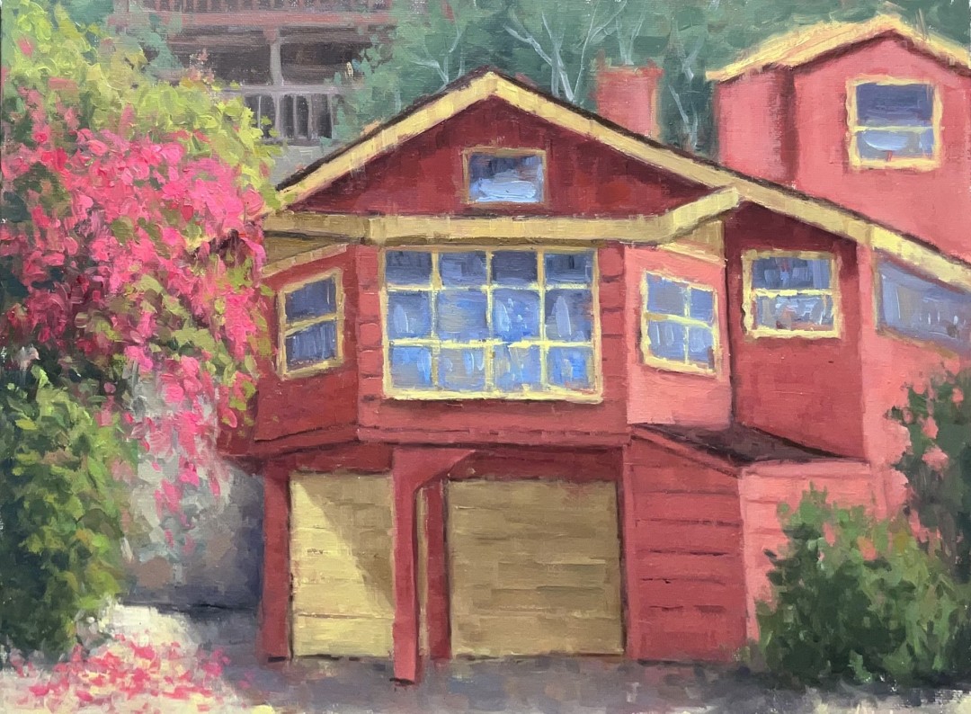 The red house under the bougainvillea - Painting, Oil, Architecture, Impressionism, MDF Panel