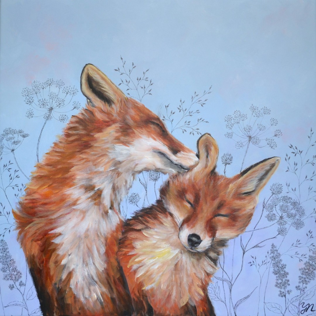 Not enough  - artwork by Yuliia Naumenko: acrylic painting, animal art, fox painting, motherhood, emotional art, contemporary art, wildflowers, ink details, wildlife art, family, letting go, nature inspired, Whisperwild series, original artwork, emotional landscape Animals, Realism, Acrylic, Canvas (stretched)