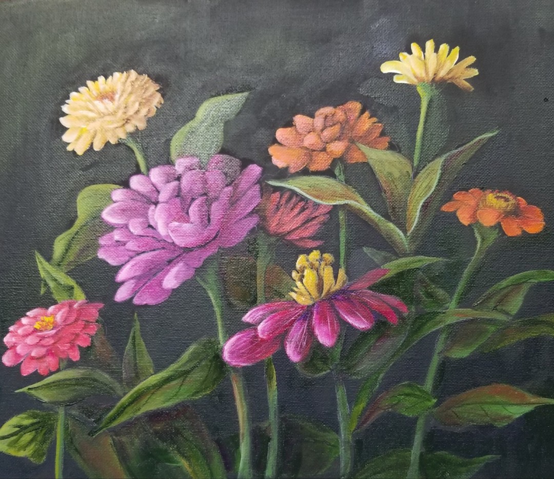 Zinnias - artwork by Eileen Belanger:  