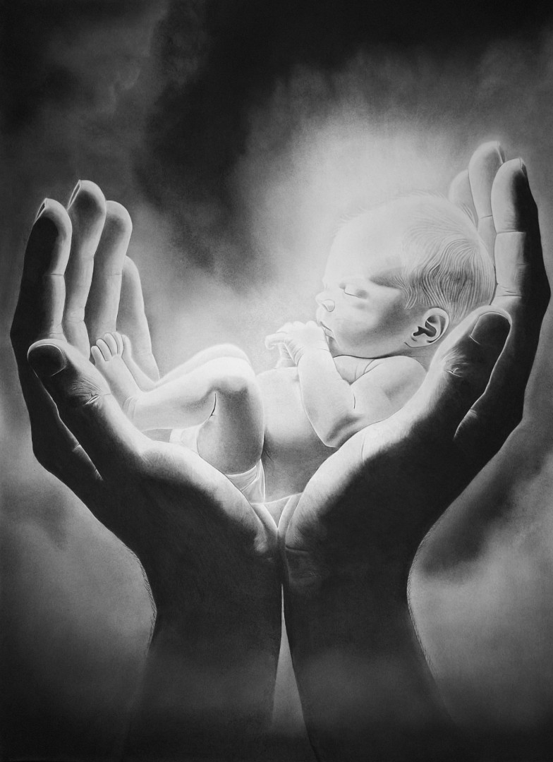 Cradle Of Life - artwork by Darren Ingram:  Children, Realism, Charcoal, Watercolor Paper