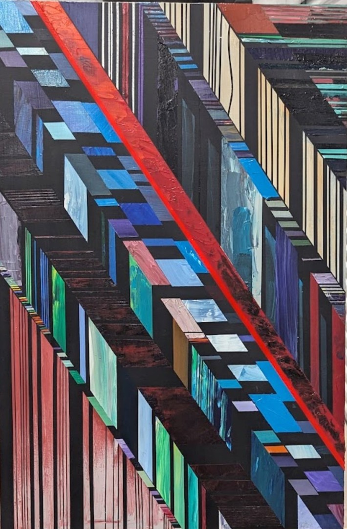 Cascade - artwork by Thomas Geis: Abstract, Bold, Colorful, Conceptual, Contemporary, Dramatic, Energy, Expressionist, Geometric, Light, Modern, Motion, Patterns, Pop, Spatial, Urban, Urbane Abstract, Expressionism, Acrylic, Wood Panel