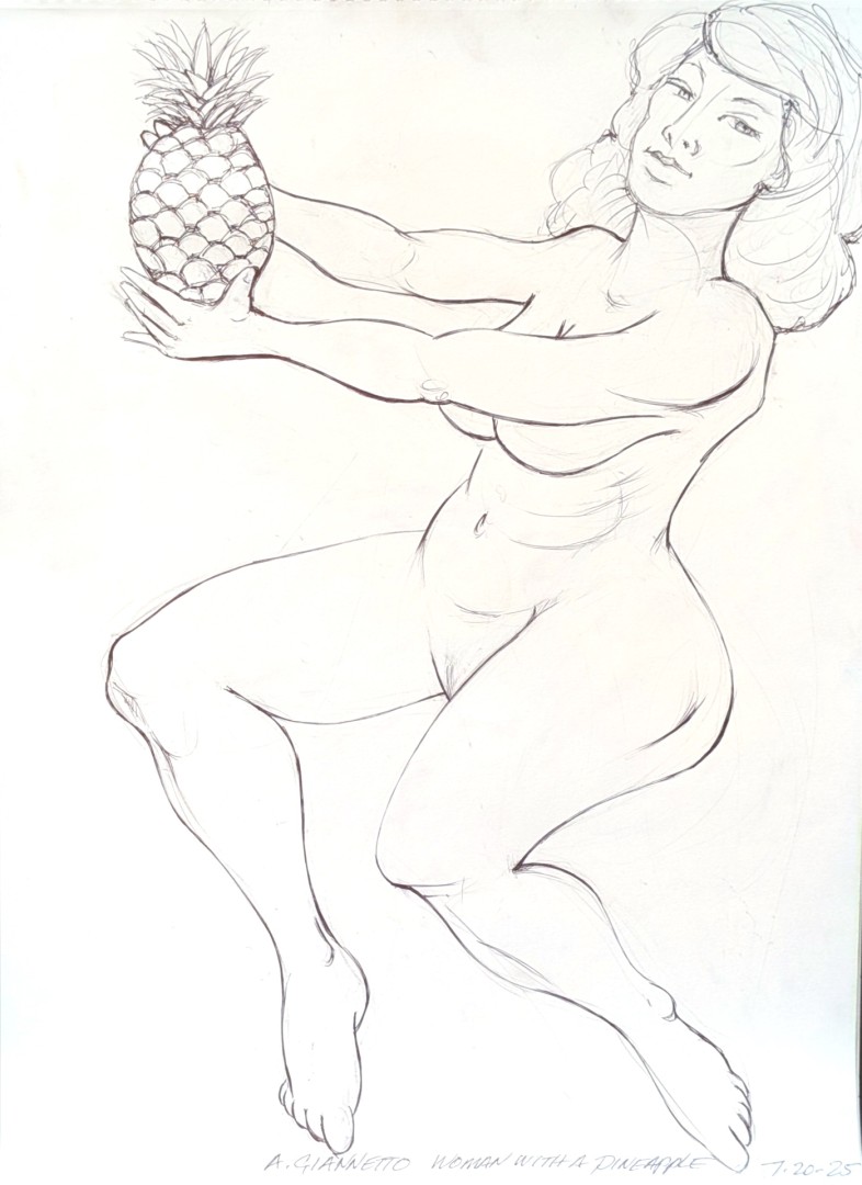 Woman with a Pineapple - Drawing, Pen & Ink, Figures, Expressionism, Paper