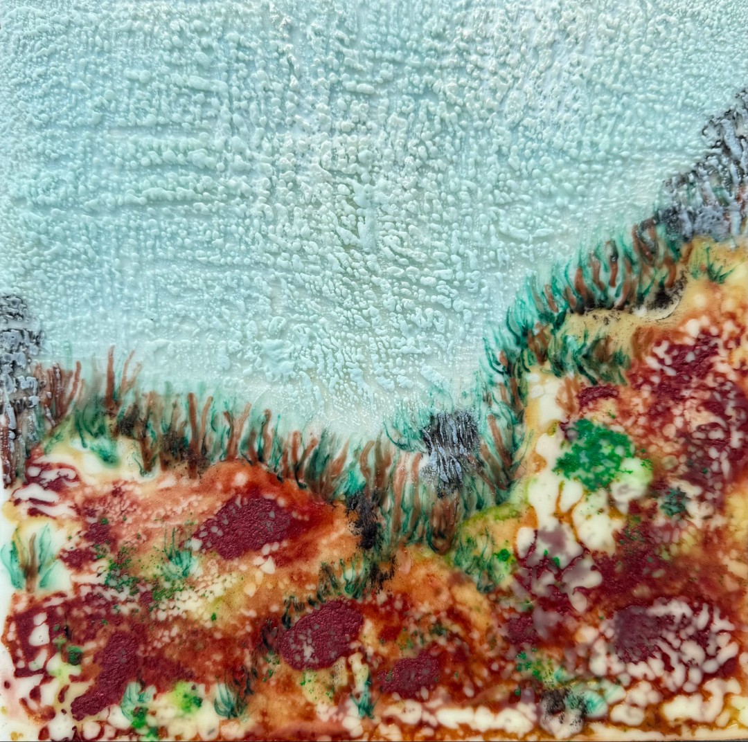 Cool Me Down - artwork by IRINA MACKAY: landscape art, encaustic art, modern art, nature, organic, wax Landscape, Expressionism, Mixed Media, Wood Panel