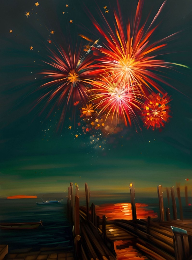 Fireworks Down by the Dock - Mixed Media, Seascape, Other
