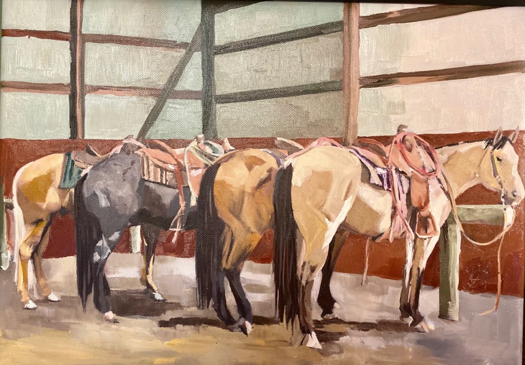 “waiting” - Painting, Oil, Western, Vintage, Canvas