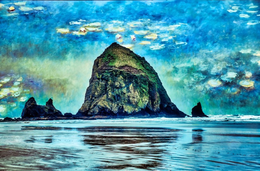 Haystack Rock with Monet's Waterlilies sky