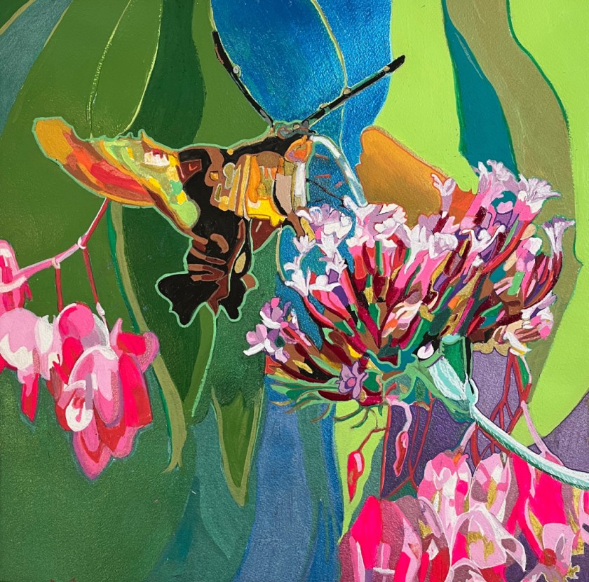 Hummingbird Moth with Bleeding Hearts