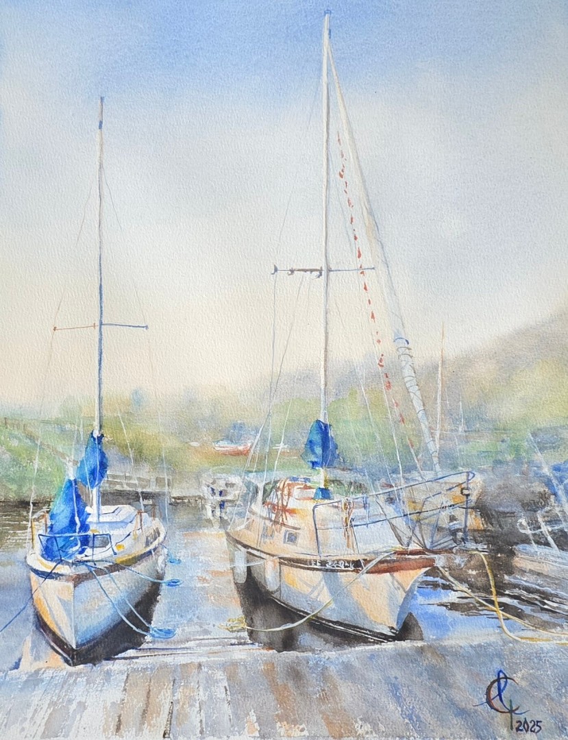 Marina Daybreak - Painting, Watercolor, Landscape, Classical, Watercolor Paper