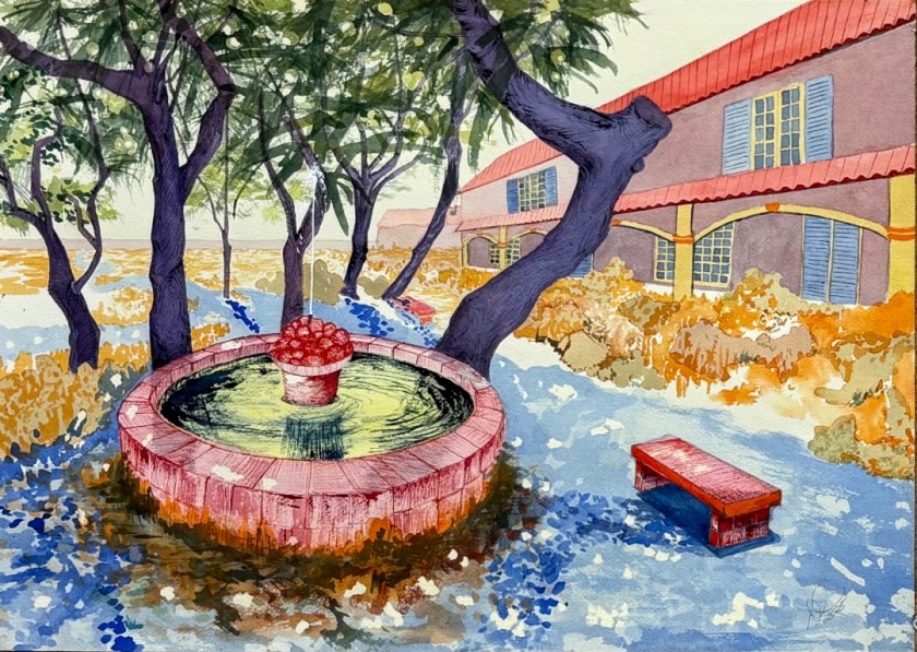 Olive Trees and Fountain 