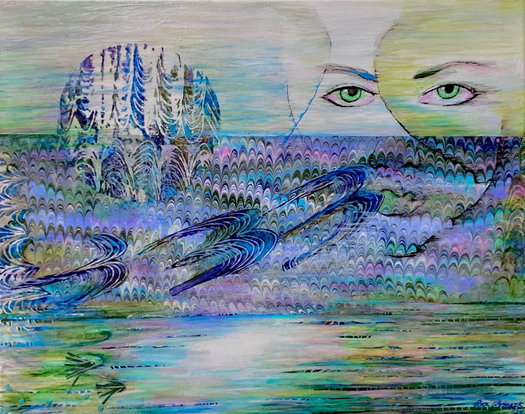 On the Cusp - artwork by Ann Womack: figure, face, water, sky Abstract, Expressionism, Mixed Media, Canvas
