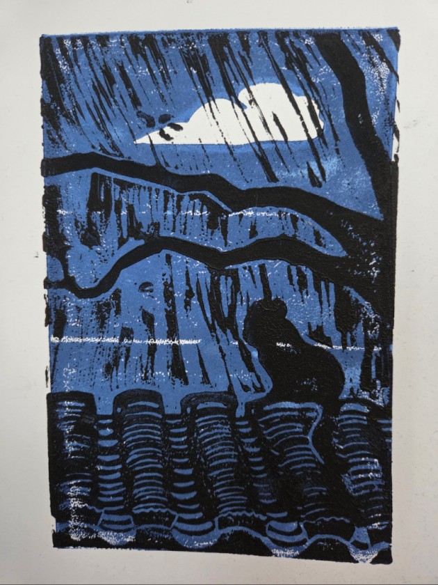 cat on rooftop (blue)