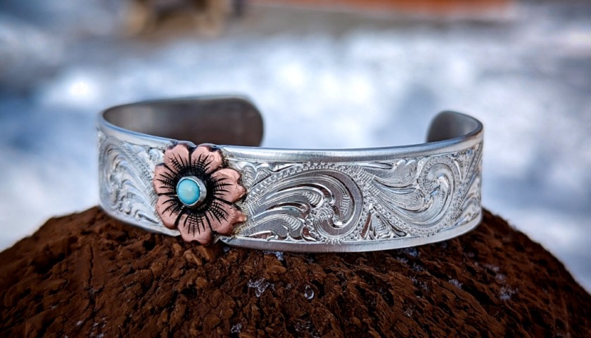 Cuff bracelet with copper flower and turquoise center