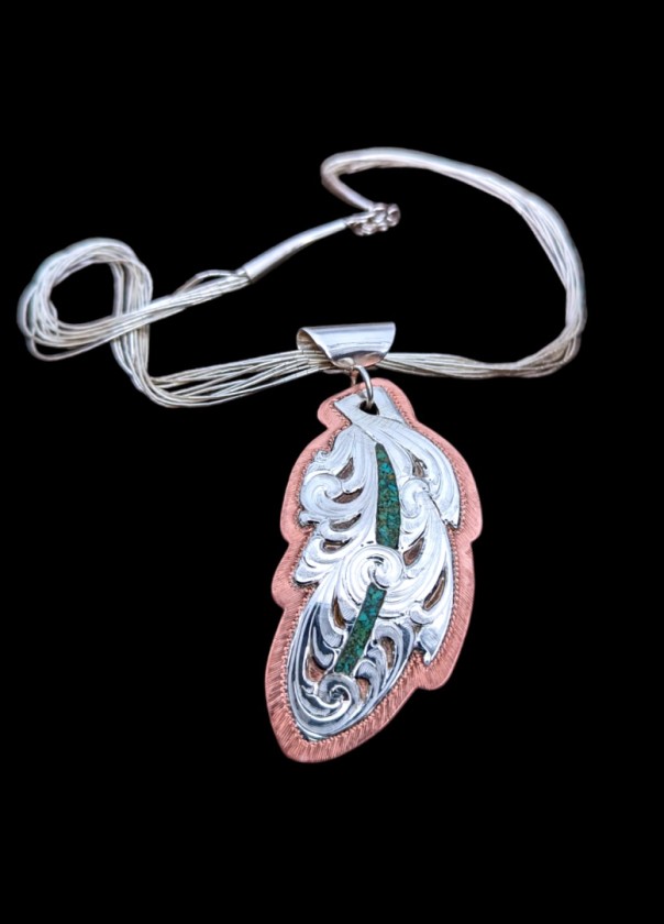 Engraved feather necklace with Crushed turquoise inlay