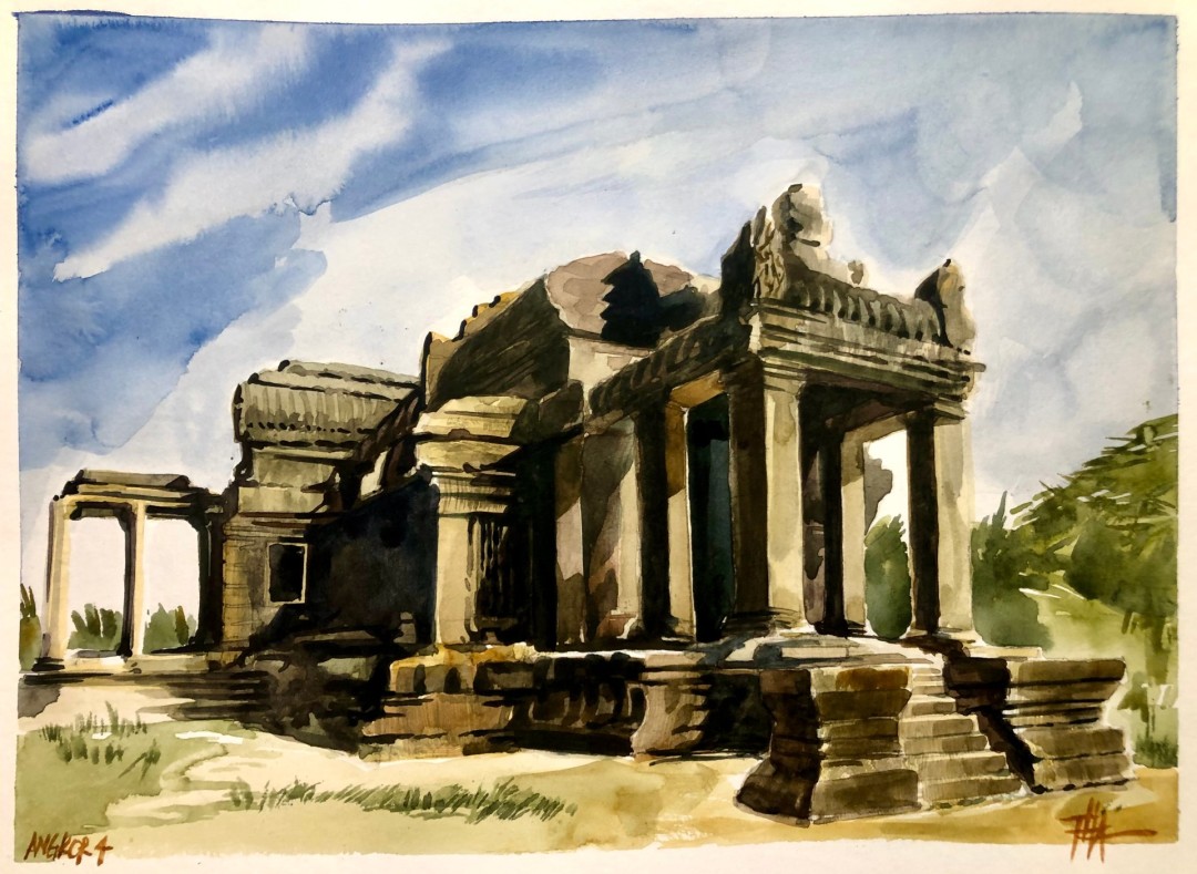 Angkor 4 - artwork by Thad Austin: Angkor, Wat, Temple, Cambodia Architecture, Classical, Watercolor, Watercolor Paper