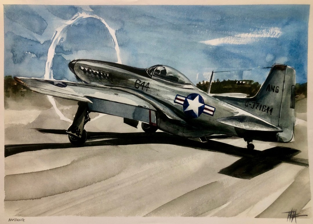 Mustang - artwork by Thad Austin: Mustang, Aircraft, WWII, Europe, North, American Other, Classical, Watercolor, Paper