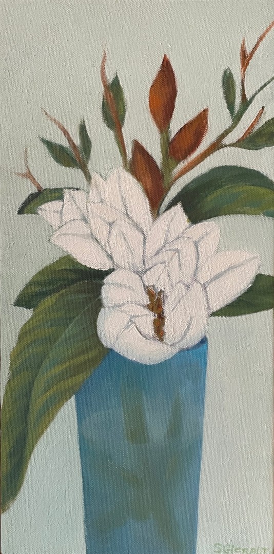 Magnolia in Blue Vase - Painting, Oil, Still Life, Impressionism, Canvas