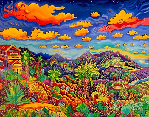 A View Across Time - artwork by Cathy Carey: palms, mountains, catalina, clouds, ocean Seascape, Expressionism, Oil, Canvas