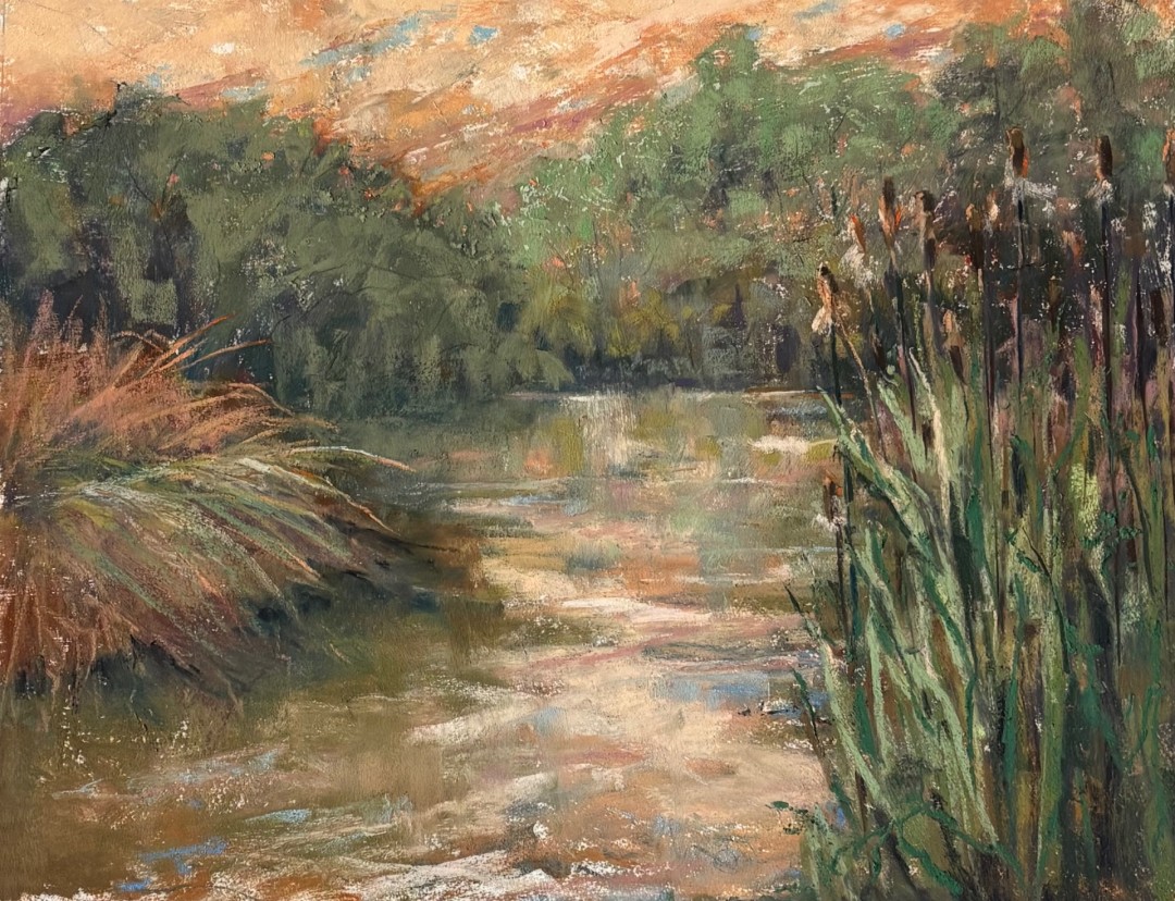 Cattails at Dawn - Painting, Pastels, Landscape, Impressionism, Paper